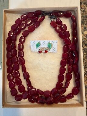 Red Beaded Necklace and Red Crystal Stud Earrings Set